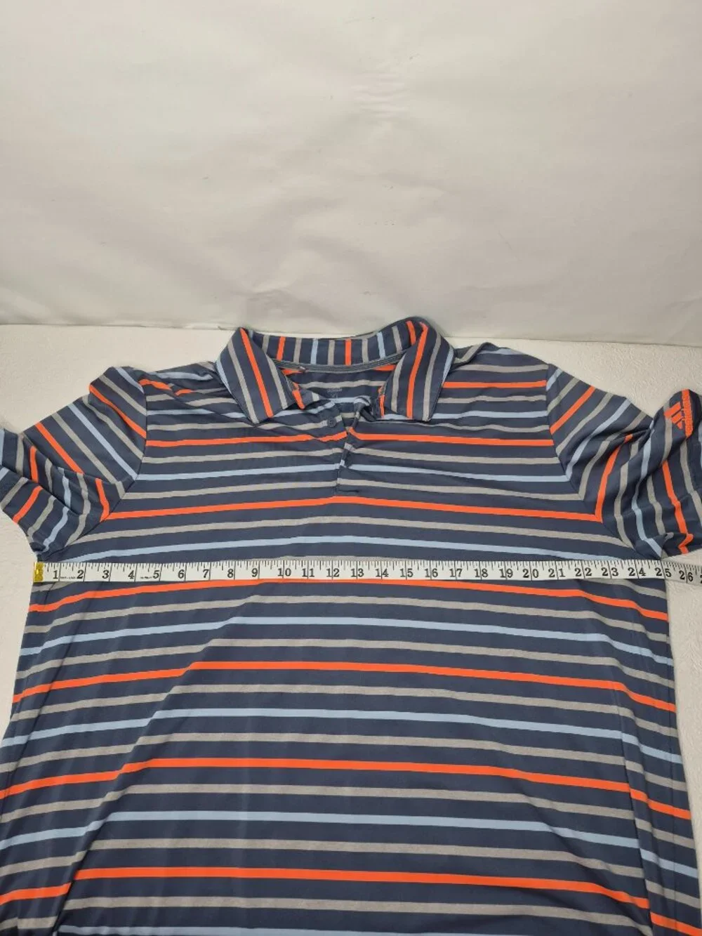 Adidas Mens XL Short Sleeve Stretchy Striped Logo Polo Shirt Blue Gray Orange
